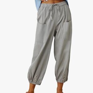 Casual Drawstring Gray Linen Cargo Joggers with Button Cuff and white pair same